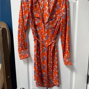 LOFT Orange Long Sleeve Sundress with Plunge Neckline